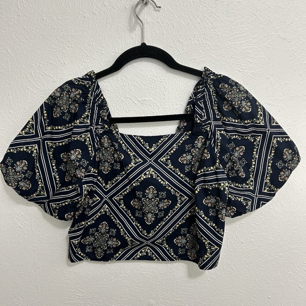 Loft By‎ Ann Taylor Sz S Petite Tuilerie Square Neck Puff Sleeve Crop Top Blue